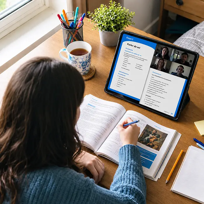 Estudiante siguiendo una clase online de francés B1